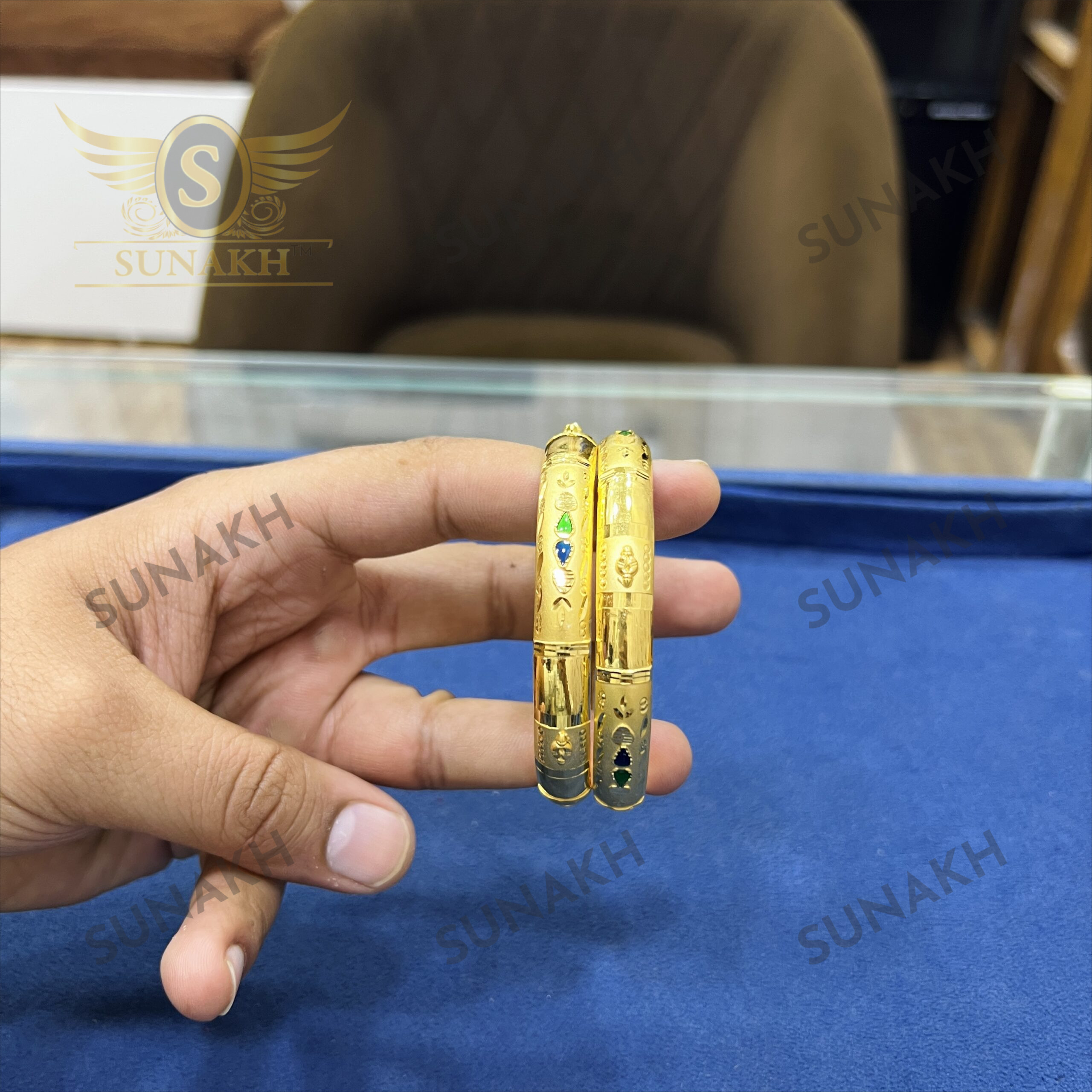 TRADITIONAL BLUE STONE GOLD BANGLES