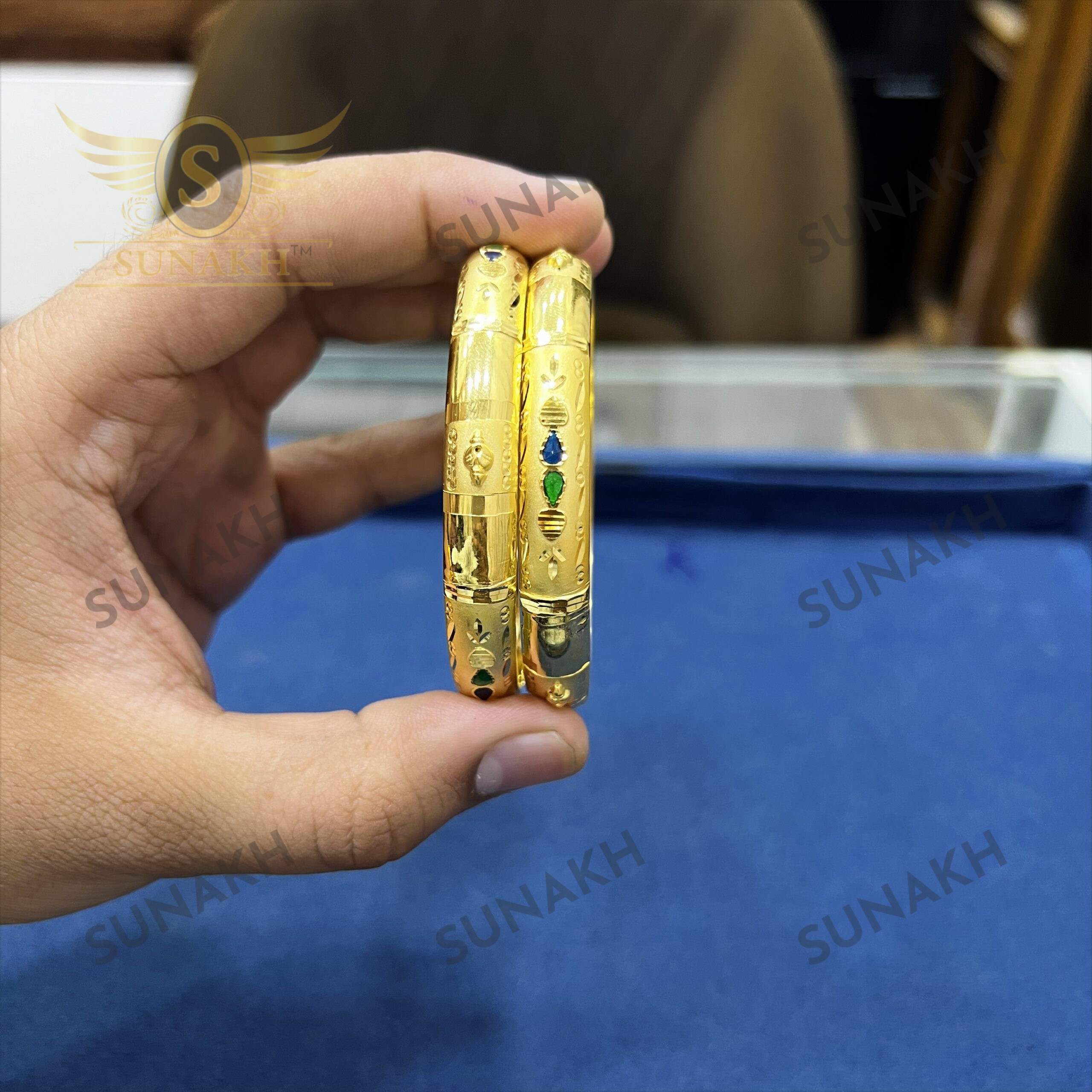TRADITIONAL BLUE STONE GOLD BANGLES - Image 3
