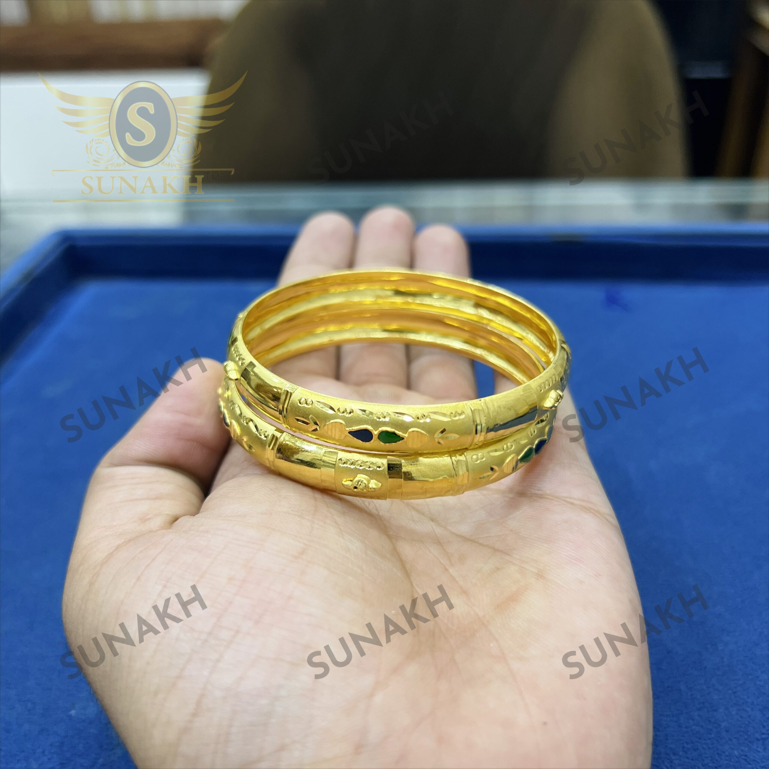 TRADITIONAL BLUE STONE GOLD BANGLES - Image 4